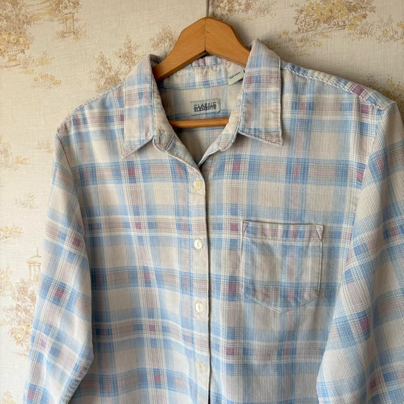 Vintage 90s spring cream blue pink plaid corduroy long sleeve button down shirt - Picture 2 of 8